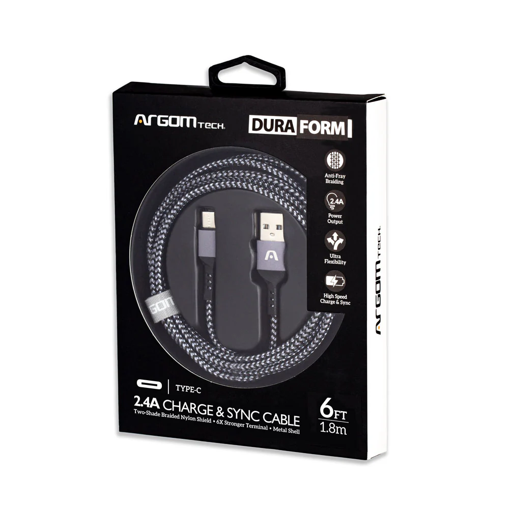 CABLE ARGOM BLACK DURA TIPO-C A USB 2.0 NYLON BRAIDED 1.8M-6FT